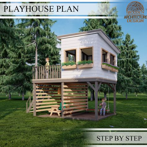 House With Pergola, Wooden Garden House, Playhouse Plan, Modern Playhouse, Tree Deck, Playhouse Plans, Tree House Plans, Wooden Architecture, Backyard Playground