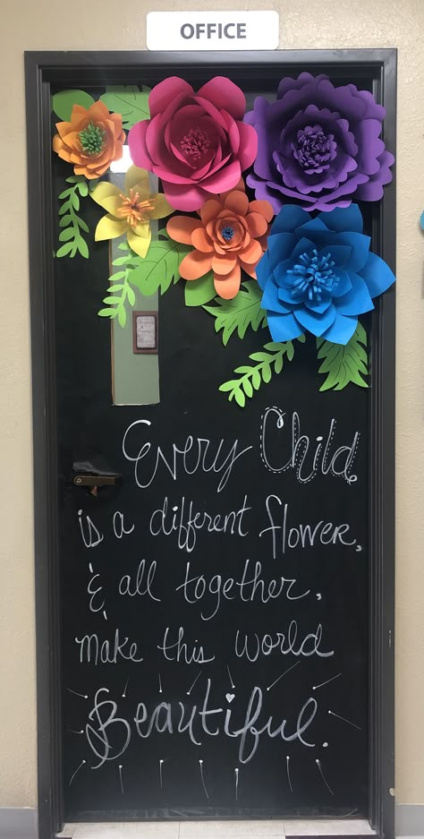 School Office Door Decorations, Garden Decor Classroom, Bulletin Board Ideas With Flowers, Classroom Themes Flowers, Floral Bulletin Board Ideas, Flower Door Decorations Classroom, Spring Classroom Decor, Flower Classroom Door, Volunteer Bulletin Board Ideas