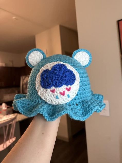 Crochet Care Bear Hat Pattern Free, Crochet Care Bear Hat, Care Bear Crochet Pattern Free, Bear Hat Pattern, Hat Patterns Free, Crochet Bucket Hat, Crochet Clothing And Accessories, Finger Knitting, Crochet Design Pattern