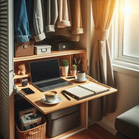 Closet Office Master Closet Office Combo, Closet Office Combo, Cozy Work Space, Closet And Office Combo, Closet Office Ideas, Narrow Desk, Closet Office, Cozy Home Office, Cozy Chair