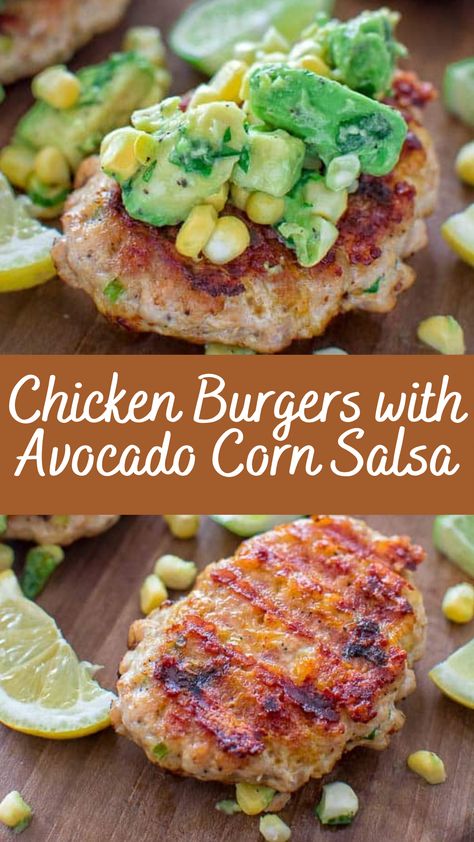 Burgers With Avocado, Avocado Corn Salsa, Corn Salsa Recipe, Classic Burger, Chicken Recipes Boneless, Oven Chicken Recipes, Chicken Burger, Corn Salsa, Summer Cookouts