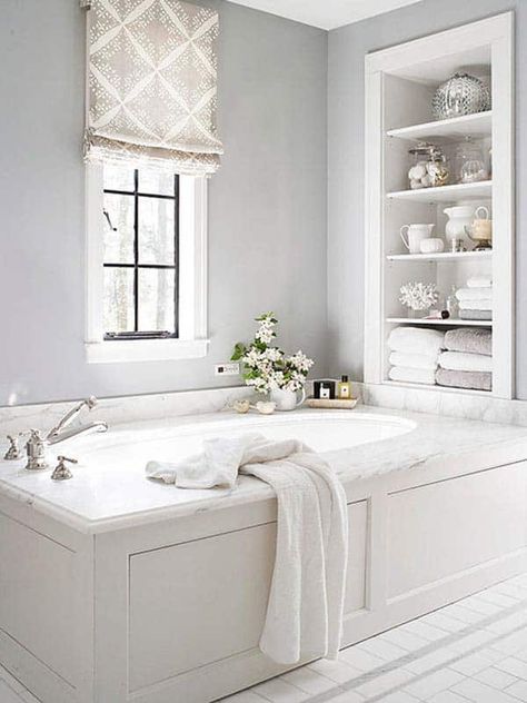 44 Stunningly white bathroom design inspirations Under Mount Tub, Inset Tub, Inset Bathtub, Drop In Tub Ideas, Tub Shelf, Sunken Bathtub, Bathtub Ideas, Installing Wainscoting, Drop In Tub