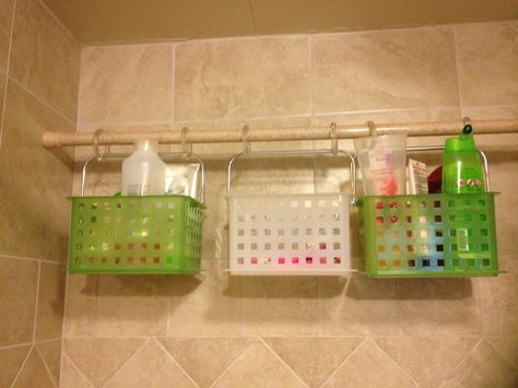 Shower storage! Bins I found at work, shower curtain hooks, and a shower tension rod. So easy and no yucky water rings from bottles sitting on the sides of the shower! BAM! Shower Storage Tension Rod, Chicken Wire Shelves, Plastic Totes, Bathroom Shower Organization, Diy Curtain Rods, Tension Rods, Shower Rings, Water Rings, Shower Storage