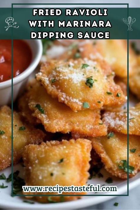 Crispy, golden-brown ravioli paired with marinara sauce makes for a crowd-pleasing appetizer or snack, perfect for any occasion! Crispy Ravioli, Marinara Dipping Sauce, Fried Ravioli, Vegetarian Italian, Ravioli Recipe, Crowd Pleasing Appetizers, Quick Weeknight Meals, Cozy Night, Spaghetti Sauce