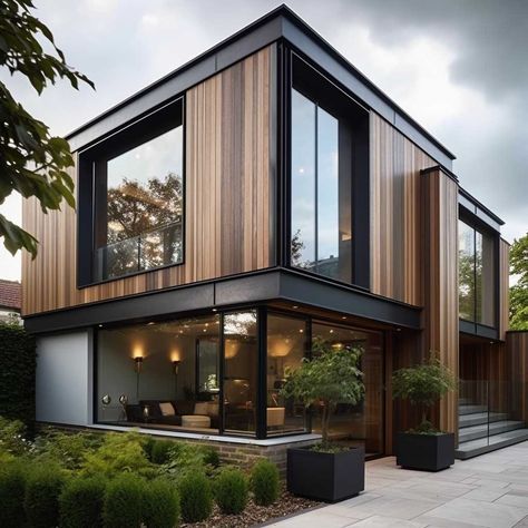 Modern House Cladding Exterior, Black Cladding White Render House, Dark Cladding Exterior, Wooden Facade House, Black And Timber House, Exterior Timber Cladding, Timber Cladding Extension, Exterior Cladding Australia, Modern Wood Exterior House