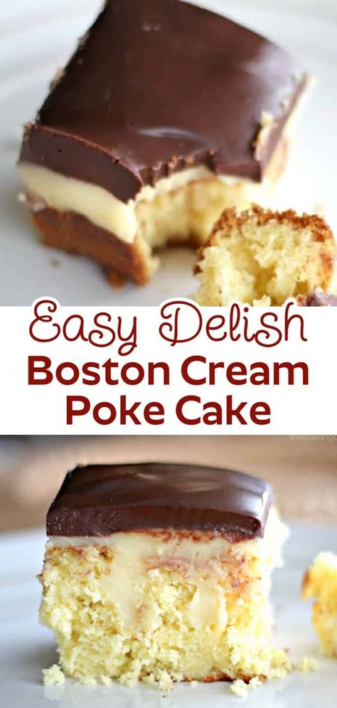 Boston Cream Pie Poke Cake, Cream Poke Cake, Boston Cream Poke Cake, Boston Cream Cake, Cake Yellow, Poke Cake Recipe, There's No Tomorrow, Chocolate Ganache Frosting, Boston Cream Pie