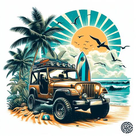 summer jeep Jeep Tattoo, Jeep Art, Iphone Wallpaper Quotes Inspirational, Diani Beach, Logos Vintage, Vw Art, Vintage Logos, Beach Icon, Beach Tattoo