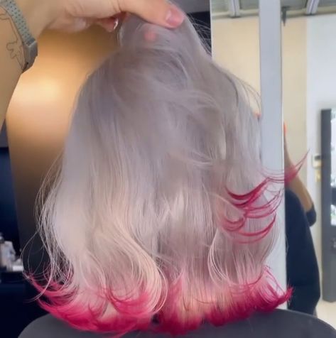 White Hair With Pink Streaks, Silver Hair With Pink Underneath, White And Pink Hair Aesthetic, White To Pink Hair, White Hair With Dyed Tips, Hot Pink And Platinum Hair, White Hair Colored Tips, White Hair With Colored Tips, White Hair With Pink Tips