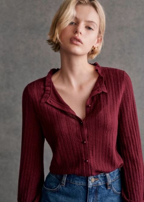 Louis Cardigan - Burgundy - Merino Wool - Sézane Burgundy Cardigan Outfit, Soft Summer Color Palette, Soft Summer Colors, Burgundy Cardigan, Summer Color Palette, Mama Style, Cardigan Outfits, Navy And Green, Parisian Style