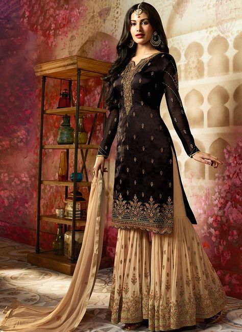 Black and Golden Cream Embroidered Gharara Suit Sarara Dress, Sharara Designs, Designer Punjabi Suits, Sharara Suit, Salwar Kamiz, Designer Anarkali, Desi Clothes, Party Kleidung, Colour Combination