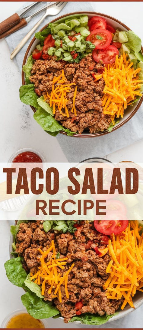 Easy Taco Salad Recipe – This easy taco salad recipe is loaded with seasoned ground beef, fresh veggies, and all your favorite toppings! Perfect for a quick, satisfying meal. Taco Salad Bowls Ground Beef, Taco Salad With French Dressing, Taco Salad Easy, Frito Taco Salad, Taco Salad Recipe Healthy, Easy Taco Salad Recipe, Ground Chicken Tacos, Salad Bowl Recipes, Taco Salad Bowls