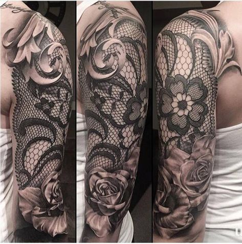 Black and White Flower Half Sleeve Tattoo Lace Arm Sleeve Tattoo, Lace Tattoo Filler, Lace Tattoo Sleeves, Lace Tattoos For Women Sleeve, Lace Sleeve Tattoo, Flower And Lace Tattoo, Lace Tattoo Design Vintage, Lace Sleeve Tattoos, Lace Tattoo Design