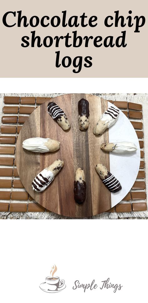 Seven chocolate chip shortbread logs spread out in a circular pattern on a round wooden cutting board alternating designs of dark chocolate and white chocolate. Pecans Cookies, Chocolate Chip Shortbread, Cookies Shortbread, Chocolate Chip Shortbread Cookies, Chocolate Festival, Shortbread Cookie, Almond Bark, Delicious Cookies, Melted Chocolate