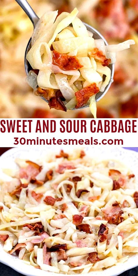 Easy Cabbage Recipes, Sweet And Sour Cabbage, Bacon Dinner, Sour Cabbage, Sides Dishes, Fantastic Recipes, Savory Meals, Cabbage Recipe, Easy Vegetable