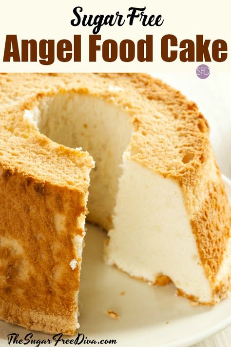 Sugar Free Angel Food Cake #cake #diabetic #recipe #dessert #yummy Sugar Free Angel Food Cake Recipe, Sugar Free Angel Food Cake, Sugar Free Desserts Easy, Sugar Free Baking, Sugar Free Recipes Desserts, Sugar Free Cake, Free Angel, Low Carb Dessert, Angel Cake