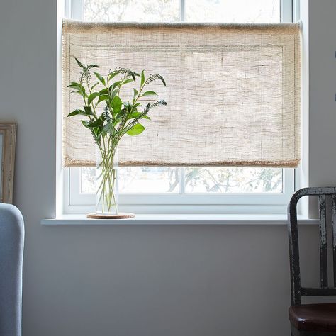 For Soft Light (and Farmhouse Vibes), DIY Rustic Burlap Roller Shades on Food52 Burlap Shades, Burlap Window Treatments, Diy Window Shades, Light Window Treatments, Farmhouse Vibes, Wooden Closet, Rustic Window, Diy Rustic Decor, Diy Burlap