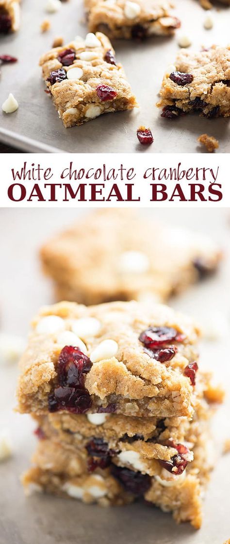 These oatmeal bars are packed with white chocolate and dried cranberries. They're soft, chewy, and completely addicting. Cranberry Oatmeal Bars, Chewy Oatmeal Bars, Chips Ideas, Sweet Bars, Cranberry Oatmeal, Buns In My Oven, Oatmeal Cookie Bars, Brownies Recipes, Oatmeal Cranberry Cookies