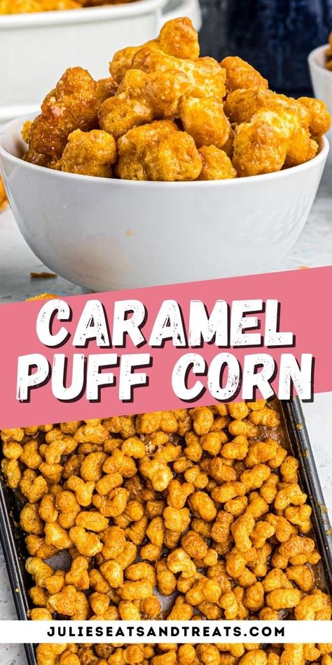 Melt in your mouth puff corn covered in a homemade caramel make this Caramel Puff Corn the best sweet and salty treat for the holidays or any time you need a quick and easy snack! Even easier than making homemade caramel corn! #caramel #puffcorn Flavored Puff Corn, Caramel Popcorn Twists, Carmel Puff Corn Recipe Easy, Chesters Puffcorn Caramel Corn, Popcorn Twist Caramel Corn, Carmel Corn With Puff Corn, Caramel Puffcorn Recipe, Caramel Corn Puffs, Puff Corn Christmas Munch