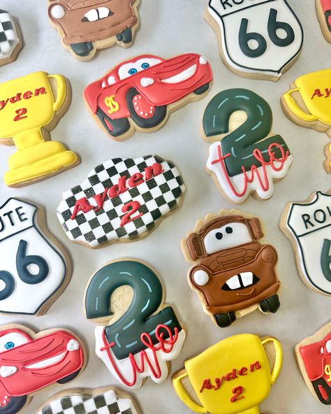 Birthday: The Sequel 🏎️💨🏁  #carscookies #kupcakekitchen #customcookies #wantcake #cars2 #lightningmcqueen  #lightningmcqueencookies #lightningmcqueenparty #pixarcars2 #birthdayideas #birthdaypartyideas #birthdayinspiration #cookiedesign #cookieideas #cookieinspo #cookiesfordays #cookiegifts #cookielove #cookielovers #cookietime #cookielife #cookielover #designercookies #bestcookiesever #birthdaycookies #glutenfreedesserts #santaclarita #santaclaritavalley Lightening Mcqueen Cookies Decorated, Cars Movie Cookies Decorated, Cars Cookies Disney, Lightning Mcqueen Cookies, Cars Cookies, Two Fast Birthday Cookies, Disney Cars Birthday Theme, Lightning Mcqueen Party, Pixar Cars Birthday