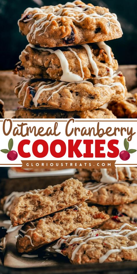 These Oatmeal Cranberry Cookies are bursting with tart cranberries, chewy oats and topped with a white chocolate drizzle – the perfect treat! Ideal for cookie trays, holiday gatherings, or gift-giving, these cranberry oatmeal cookies are so easy to make and perfect for any occasion! White Chocolate Cranberry Pecan Oatmeal Cookies, Best Oatmeal Cranberry Pecan Cookies, Honey Cranberry Cookies, Cranberry Oatmeal Chocolate Chip Cookies, Recipes With Cranberries Healthy, Christmas Cookies With Oatmeal, Cranberry Oat Cookies, Orange Cranberry Oatmeal Cookies, Oatmeal White Chocolate Cranberry Cookie