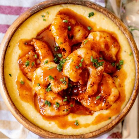 These BBQ Shrimp and Grits are a delicious, comforting meal when you're craving tons of flavor with cheesy, creamy texture. Bbq Shrimp And Grits, Chicken And Grits, German Pork Chops, Grilling Shrimp, September Recipes, Traeger Cooking, Smoked Potatoes, Hey Grill Hey, Barbecue Shrimp