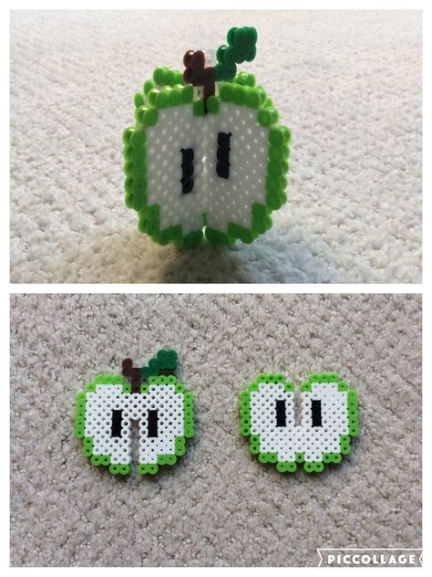 Perler beads green 3-D apple Perler Bead Crayon, Apple Perler Bead Patterns, Pyssla Ideas Mini, Green Perler Beads, 3d Iron Beads, Bead Mania Ideas, Tiny Perler Bead Patterns Easy, Apple Perler Beads, Perler Beads Summer