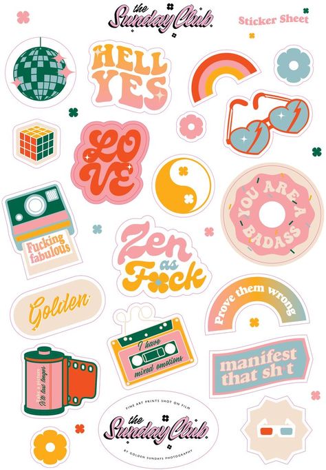 Retro Stickers Printable, Retro Stickers Aesthetic, Typographic Stickers, Food Sticker Design, Packaging Sticker Design, Retro Decals, Couch Aesthetic, Festival Stickers, Pretty Stickers