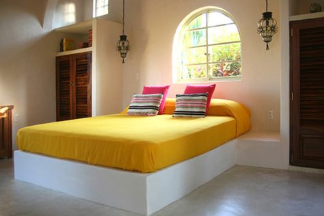 Fabulous tropical hideaway on the Riviera Nayarit Mexico Decorations, Downtown House, Concrete Bed, Mexican Bedroom, Yellow Bed, Luxury Tree Houses, Blue Flamingo, Mexican Home, Home Room Design