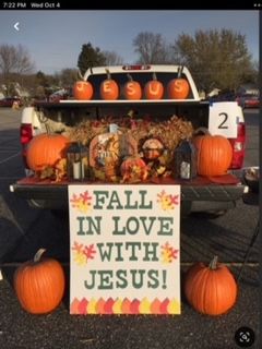 Trunk Or Treat Harvest Theme, Fall Theme Trunk Or Treat Ideas, Fall Themed Parade Floats, Fall Harvest Trunk Or Treat Ideas, Christian Halloween Yard Decor, Fall Floats For Parades, Fall Vbs Ideas, Hallelujah Party Ideas, Fall Fest Ideas For Church