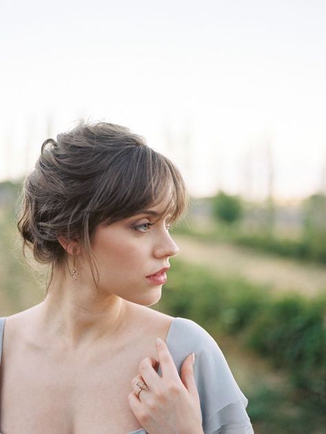 A loose bridal updo with bangs. Updos With Curtain Bangs Formal, Bridesmaid Updo With Bangs, Loose Bridal Updo, Wedding Bangs, Updo With Bangs, Bangs Updo, Wedding Hair Bangs, Blackberry Farm, Loose Updo