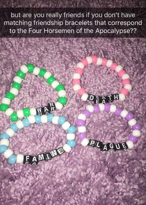 Four Horsemen Of The Apocalypse Friendship Bracelets, The Four Horsemen Of The Apocalypse Bracelets, Four Horsemen Bracelets, Four Horsemen Of The Apocalypse Bracelet, Friend Group Bracelet Ideas, Kandy Bracelets Ideas, Funny Matching Bracelets, Group Bracelets Ideas, Apocalypse Bracelet