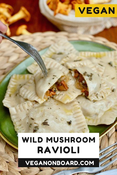 Dairy Free Ravioli, Wild Mushroom Pasta, Wild Mushroom Ravioli, Chanterelle Recipes, Ravioli Recipe Homemade, Vegan Ravioli, Sage And Rosemary, Ravioli Filling, Mushroom Ravioli