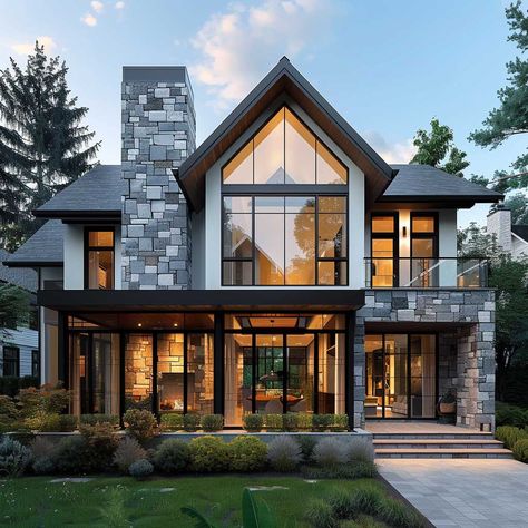 Modern Lake Home Exterior, Flagstone House Exterior, Three Story House Design, Glass Facade House, Single Story Home Exterior, Modern Country Home Exterior, Modern Cottage Homes Exterior, Country Modern House, Modern Mountain House Exterior