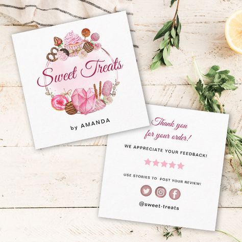 Sweet Treats bakery Thank you Square Business Card Beauty Logo Makeup, Bakery Business Cards, Beautiful Logos Design, Beauty Logo Design, Bakery Business, Watercolor Heart, Square Business Card, Beauty Design, Modern Business Cards