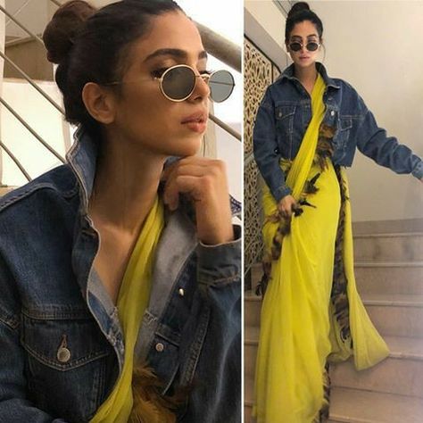 Saree With Denim Jacket, Winter Sarees Style, Mismatch Outfit Ideas, Sonya Hussain, Winter Saree, Fusion Saree, Saree Styling, Saree Ideas, Saree Wearing