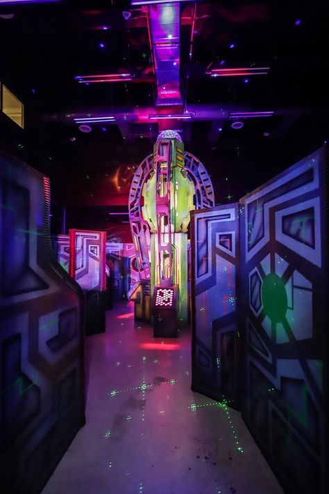 Our Laser Tag arena is over 3,000 sqaure feet filled with handpainted walls, lasers, and fog machine! Laser Tag Arena, Fog Machine, Laser Tag, Rock Climbing, Image Types, Neon Signs, Tags