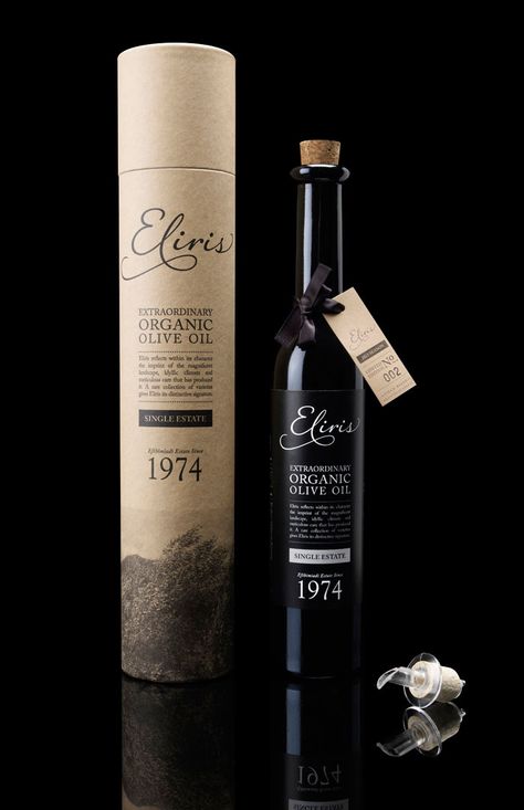 Eliris designed by Alpha Packshot Photography, Olive Oil Bottle Design, Eco Friendly Packaging Design, Olive Oil Brands, Olive Oil Packaging, Alcohol Packaging, Organic Extra Virgin Olive Oil, Cool Packaging, Olive Oils