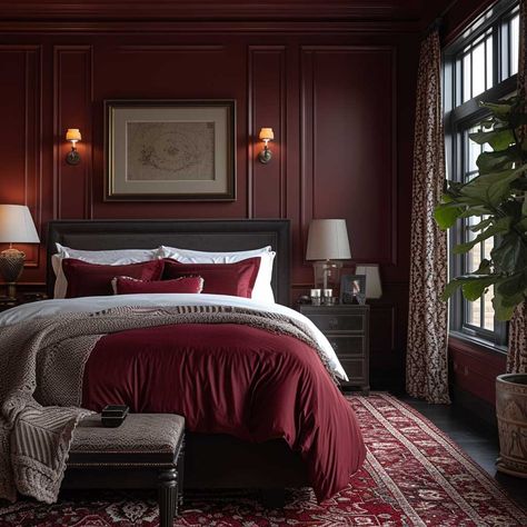 Create a Cozy Sanctuary with Warm Wall Colours for Bedrooms • 333+ Images • [ArtFacade] Rich Color Bedding, Dark Maroon Bedroom Walls, Dark Red Wall Paint Master Bedrooms, Dark Red Paint Walls, Dark Red Wall Color, Wine Bedroom Color, Bedroom Red Wall, Dark Red Accent Wall Bedroom, Burgundy Red Bedroom