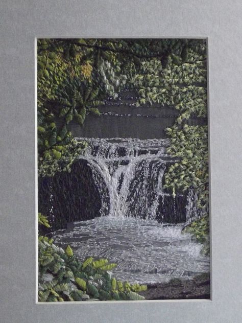 RIVERS & WATERFALLS.  Aysgarth Falls, Yorkshire. Freehand machine embroidery. Embroidery Waterfall, Waterfall Embroidery, Waterfall Pictures, Hand Embroidery Patterns Free, Freehand Machine Embroidery, Iceland Waterfalls, Embroidery Hoop Wall Art, Textile Art Embroidery, Creative Embroidery