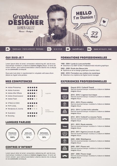 Tutoriel special #graphiste - Créer un #CV graphique avec #Photoshop pour réussir vos entretiens d'embauches ! Resume Skills List, Graphic Resume, Creative Cvs, Visual Resume, Cv Inspiration, Resume Ideas, Infographic Resume, Cv Examples, Creative Cv