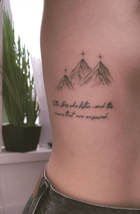 Acotar Tattoo Ideas Quotes, Acotar Stars Tattoo, City Of Starlight Tattoo, Tattoo Placement Ribs, Acotar Quote Tattoo, Acotar Tattoo Quotes, Tattoo Placement Men, Long Quote Tattoo Placement, Rhys Tattoo