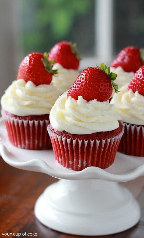 Strawberry Red Velvet Cupcakes - Your Cup of Cake Valentines Cupcakes Decoration, Eating Cereal, Red Cupcakes, Strawberry Cupcake, Mothers Day Cupcakes, Valentine Desserts, Mothers Day Cake, Valentines Cupcakes, Cupcake Recipe