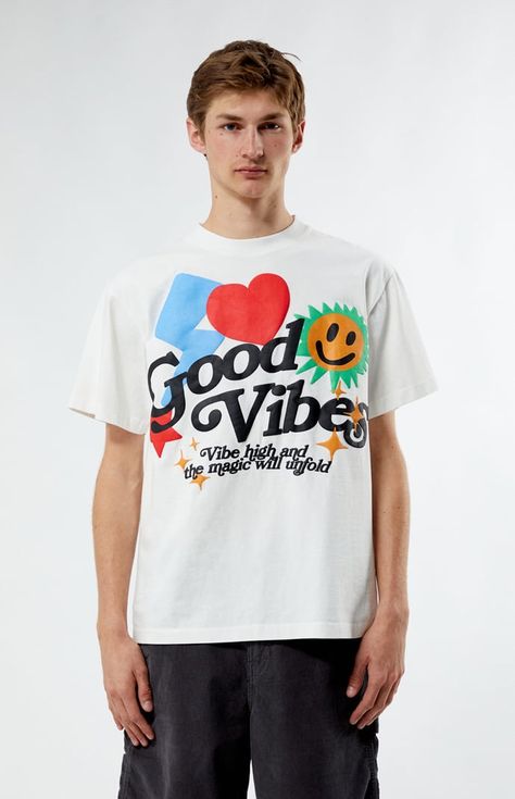 Indulge in positive energy with PacSun's Good Vibes Puff Oversized T-Shirt. With its relaxed, oversized fit and playful puff graphics, this tee radiates laid-back charm and effortless style for any occasion.   	Crew neckline 	Short sleeves 	Oversized fit 	Puff graphics 	Machine washble 	Model is wearing size medium 	Model Measurements: 6'1.5” Height, 28” Waist, 32” Inseam Tshirt Oversized White, Gradient Tshirt Design, Puff Print Tshirt, Food Shirt Design, Oversized Tee Outfit, Pride Apparel, Tie Dye Graphic Tee, Slim Fit Cargo Pants, Pacsun Mens