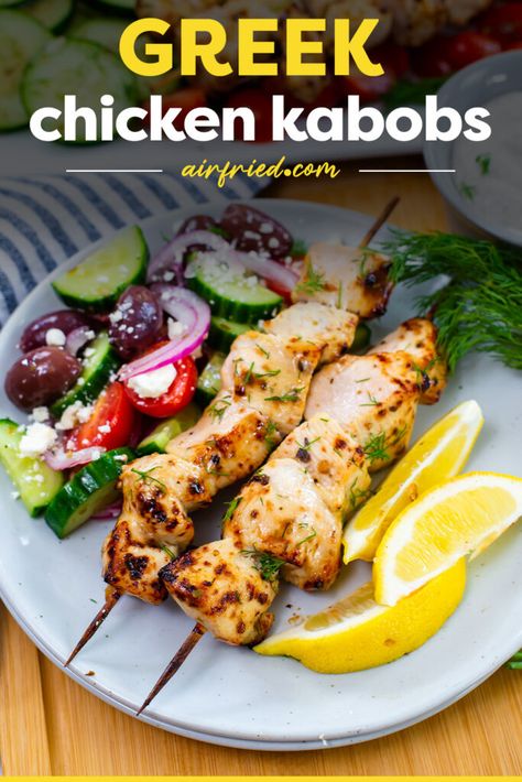 Kabobs In The Air Fryer, Mediterranean Kabobs, Air Fryer Greek Chicken, Greek Chicken Skewers, Homemade Greek Dressing, Greek Chicken Kabobs, Mediterranean Flavors, Homemade Tzatziki Sauce, Chicken Thighs Recipes