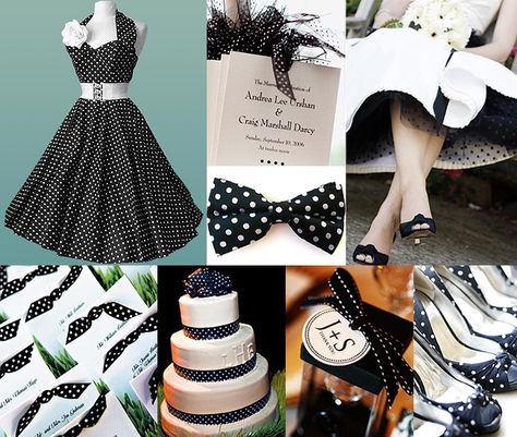 Black-and-White-Polka-Dot-Wedding 50s Party Ideas, Polka Dot Wedding Theme, 50s Party, Rockabilly Wedding, Polka Dot Party, Polka Dot Wedding, Wedding Inspiration Board, Wedding Color Palette, Different Dresses