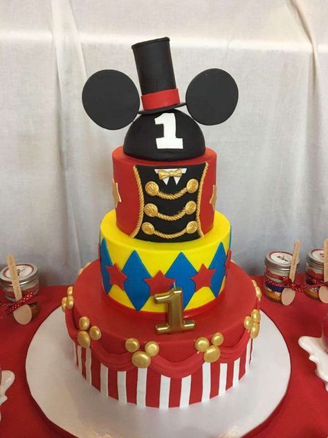 Ryan's Mickey Carnival Birthday Bash | CatchMyParty.com Circus Birthday Party Decorations, Carnival Birthday Party Ideas, Circus Cakes, Carnival Cakes, Mickey 1st Birthdays, Birthday Mickey Mouse, Prince Birthday Party, Mickey Mouse Clubhouse Birthday Party, Circus Cake