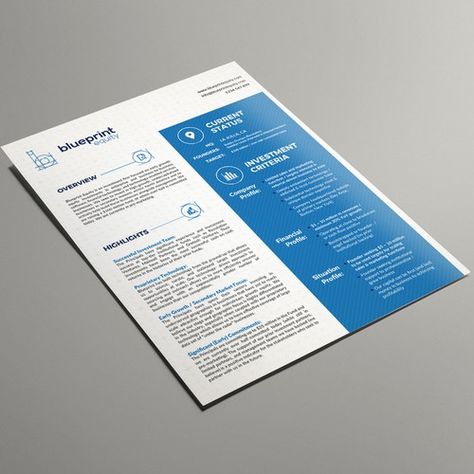 Technology investment firm needs attractive one-pager to share with investors! Postcard, flyer or print contest design#postcard#flyer#picked Company One Pager Design, One Pager Design Creative, One Pager Layout, One Pager Design Layout, Paper Layout Design, One Pager Design, Powerpoint Designs, Company Profile Presentation, One Pager