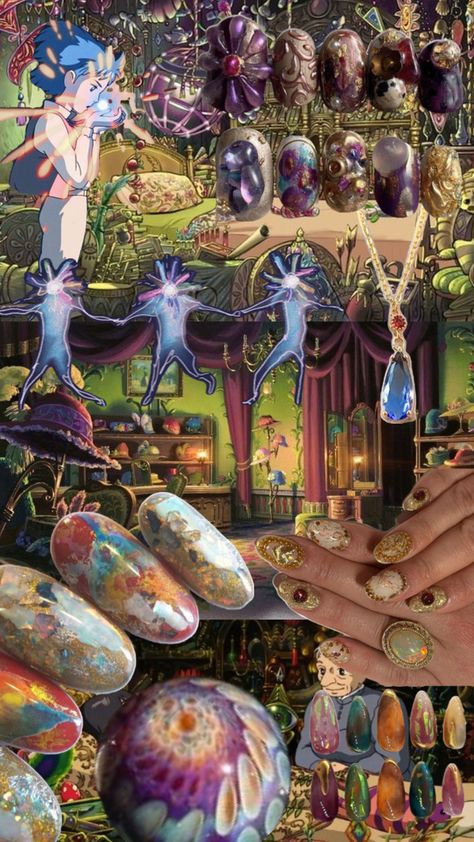 Castle Nails, Hippie Nails, Anime Nails, Paper Collage Art, Festival Nails, Howls Moving Castle, Birthday Nails, Manicure Y Pedicure, Funky Nails