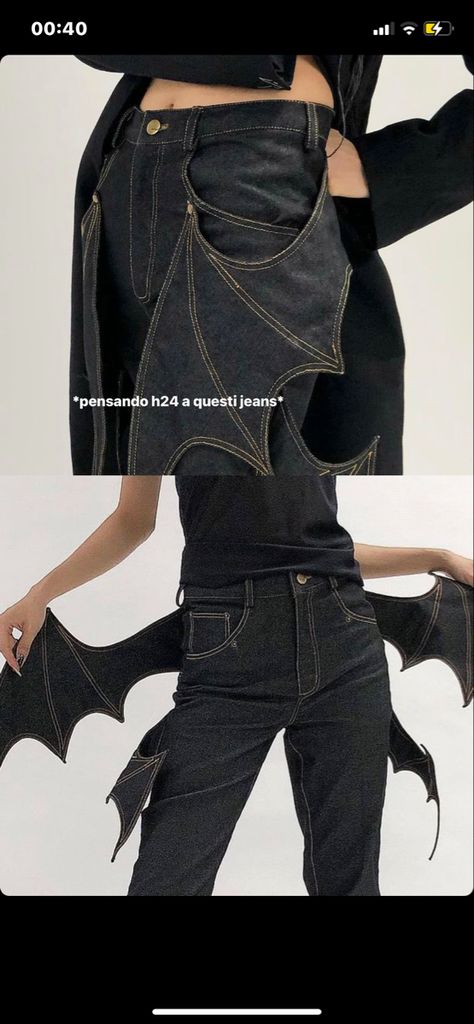 Bat Wing Pants, Bat Wing Jeans, Ripped Jeans Reference Drawing, Bat Inspired Outfit, Bat Person Character Design, Ripped Clothes Drawing Reference, Drow Aesthetic Male, Bat Jeans, Werewolf Aesthetic Outfit