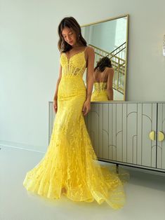 Yellow Lace Prom Dress, Prom Dresses 2024 Yellow, Yellow Prom Aesthetic, Yellow Corset Prom Dress, Yellow Prom Dress Aesthetic, Yellow Silk Prom Dress, Prom Dresses Yellow Long, Mustard Yellow Prom Dress, Bright Yellow Prom Dress